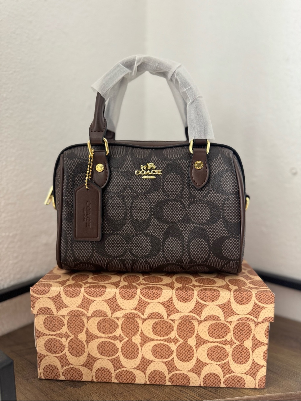 Coach Dark Brown Signature Mini Satchel with Gold Hardware